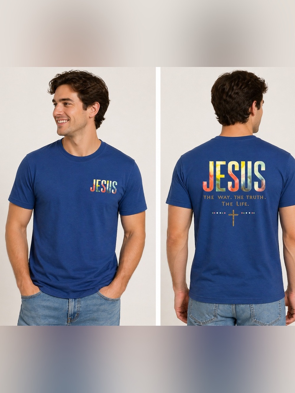 Jesus The Way The Truth The Life Christian Graphic T-Shirt Blue Size L